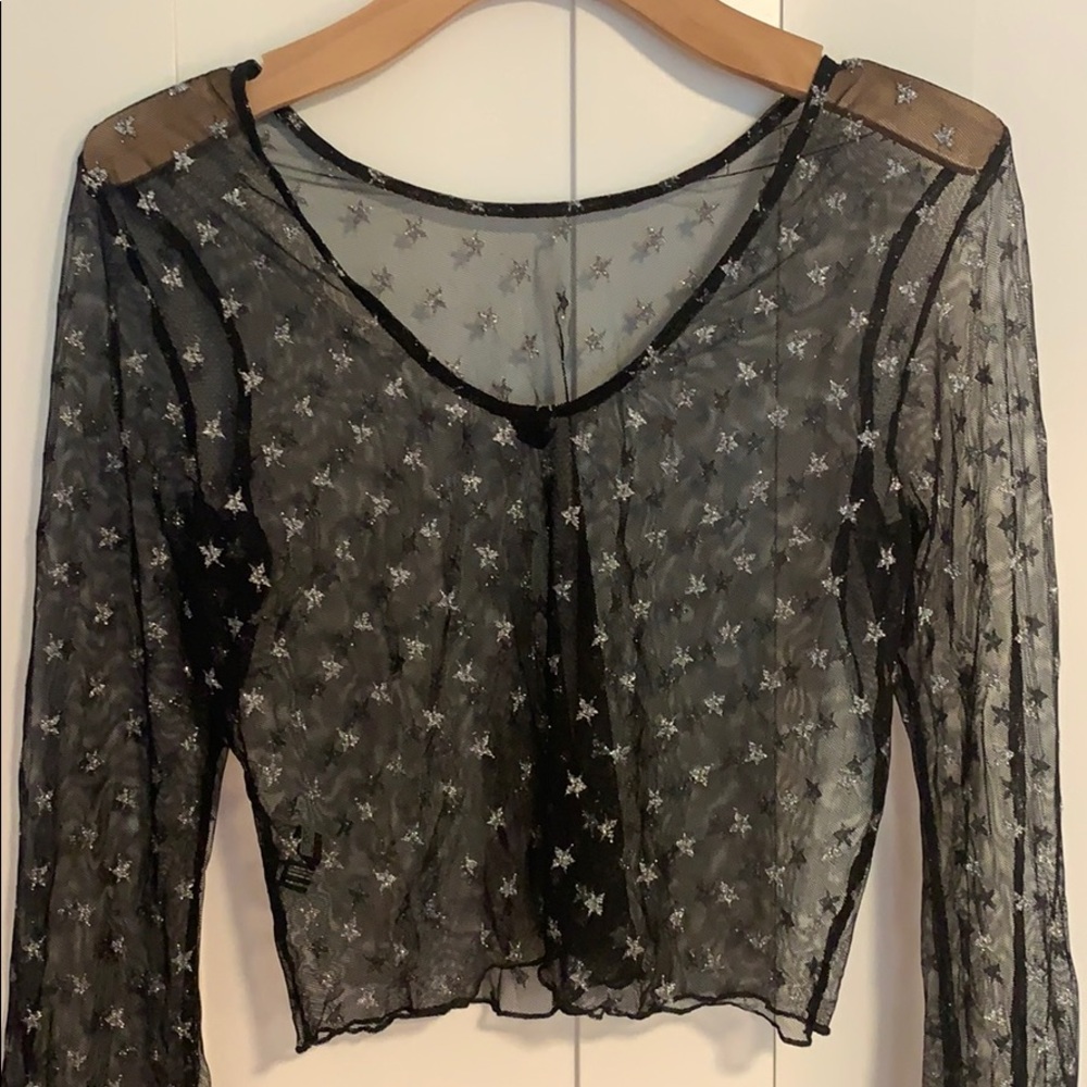 UO SPARKLY BLACK AND SILVER STAR LONG SLEEVE TOP